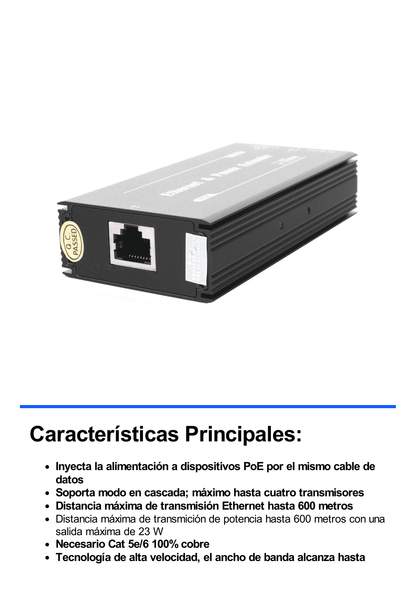 (POE 600 METROS) Receptor para Extensor PoE TT-8001TPOE / 1 Puerto  para recepción de video y alimentación (PoE) / IDEAL PARA DOMOS Y CAMARAS IP / Conexión en Cascada / Soporta PTZ´s de 60 W / Soporta IEEE802.3af/at