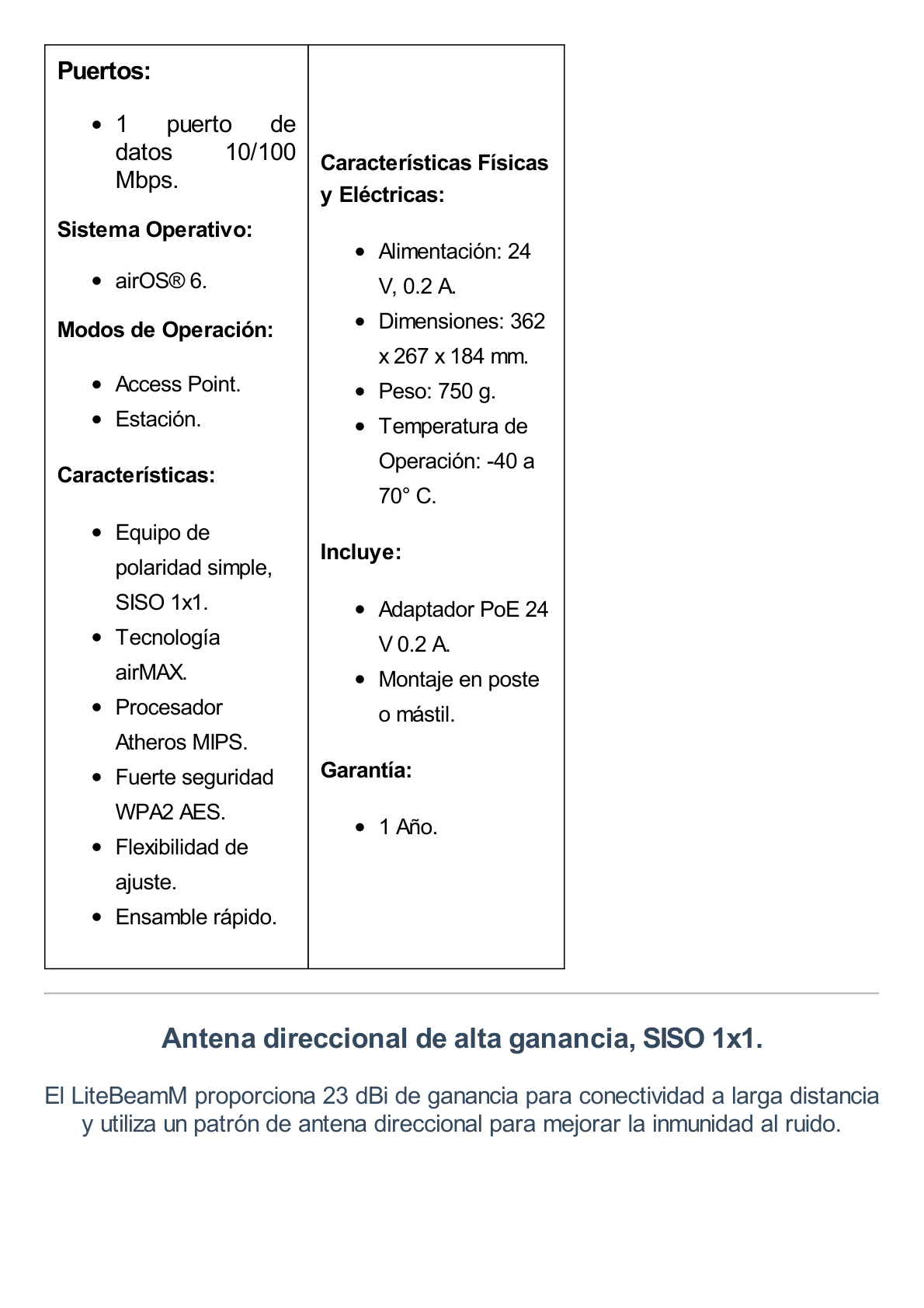 LiteBeam airMAX M5 CPE hasta 100 Mbps, 5 GHz (5150 - 5875 MHz) con antena integrada de 23 dBi