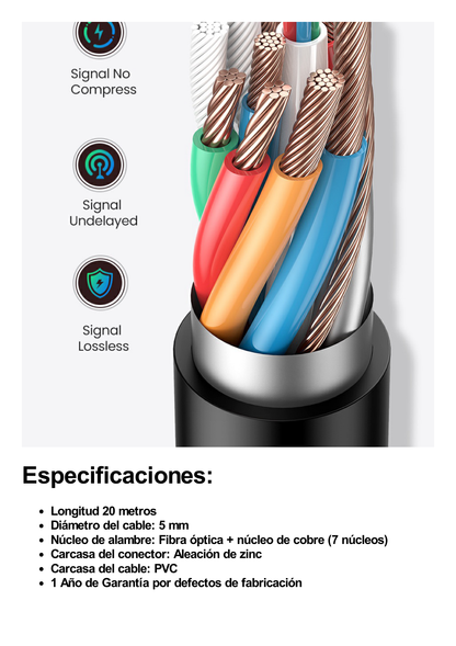 Cable HDMI de 20 Metros por Fibra Óptica 8K@60Hz / Fibra de 4 núcleos + Cobre estañado de 7 núcleos / Compatible con HDMI 2.1 / Alta velocidad 18 Gbps / 3D / HDR / Caja de Aleacion Zinc / Premium