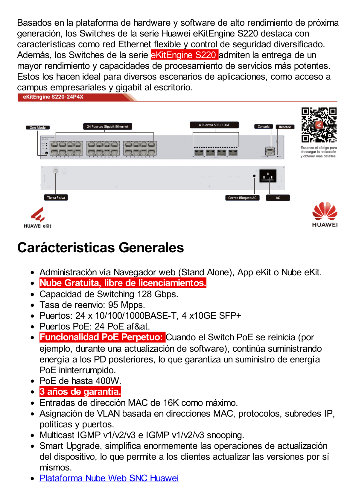 Switch Gigabit Administrable PoE Capa 2 / 24 puertos 10/100/1000 Mbps (PoE) / 4 Puertos SFP+ Uplink / 400W / PoE Perpetuo / Administración Nube Gratis