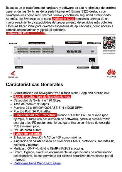 Switch Gigabit Administrable PoE Capa 2 / 24 puertos 10/100/1000 Mbps (PoE) / 4 Puertos SFP+ Uplink / 400W / PoE Perpetuo / Administración Nube Gratis