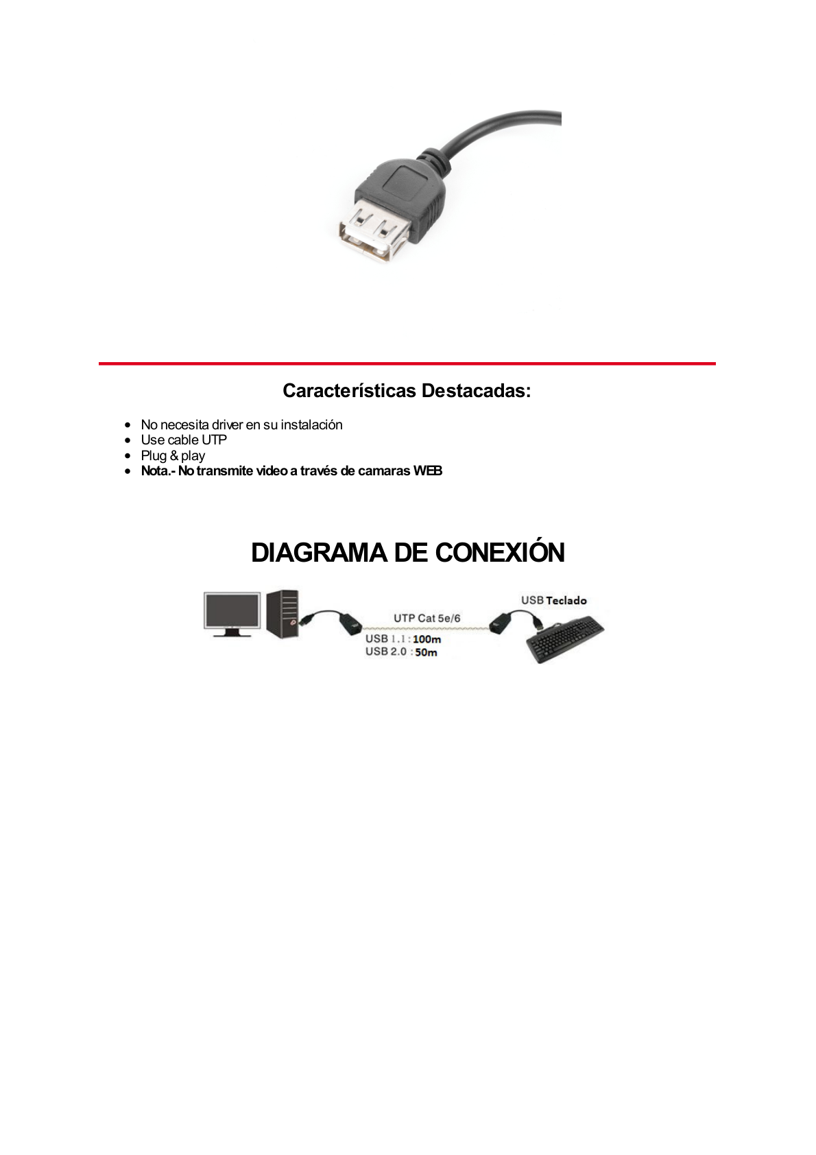 Kit extensor USB por cable UTP Cat 5 / 5e / 6 para Distancias de Hasta 50 Metros / Versión 2.0