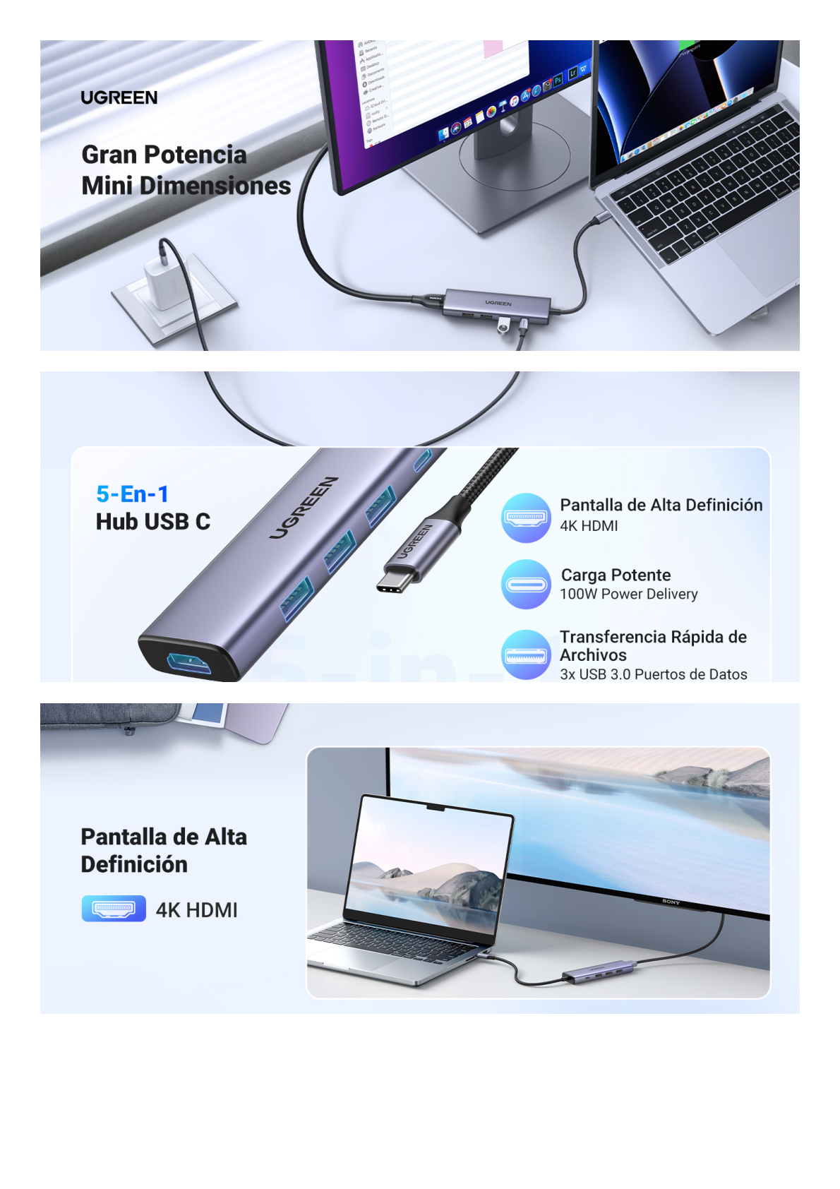 HUB USB-C (Docking Station) 5 en 1 | HDMI 2.0 4K@30Hz | 3 USB-A 3.0 (5Gbps) | USB-C PD Carga 100W | Potente Disipación de Calor | Chip de Ultima Generación | Cable de Nylon Trenzado de 25 cm | Carcasa de Aluminio.