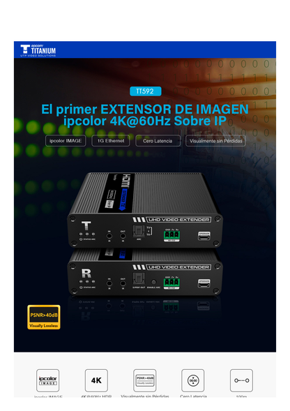 KIT EXTENSOR HDMI 4K@60HZ sobre IP GIGABIT / IPCOLOR / 100m en Conexión Uno a Uno /  Salida Loop / IR Bi-Direccional / RS232 / ARC / CERO LATENCIA / Soporta conexión Uno a Muchos/Switch en Cascada