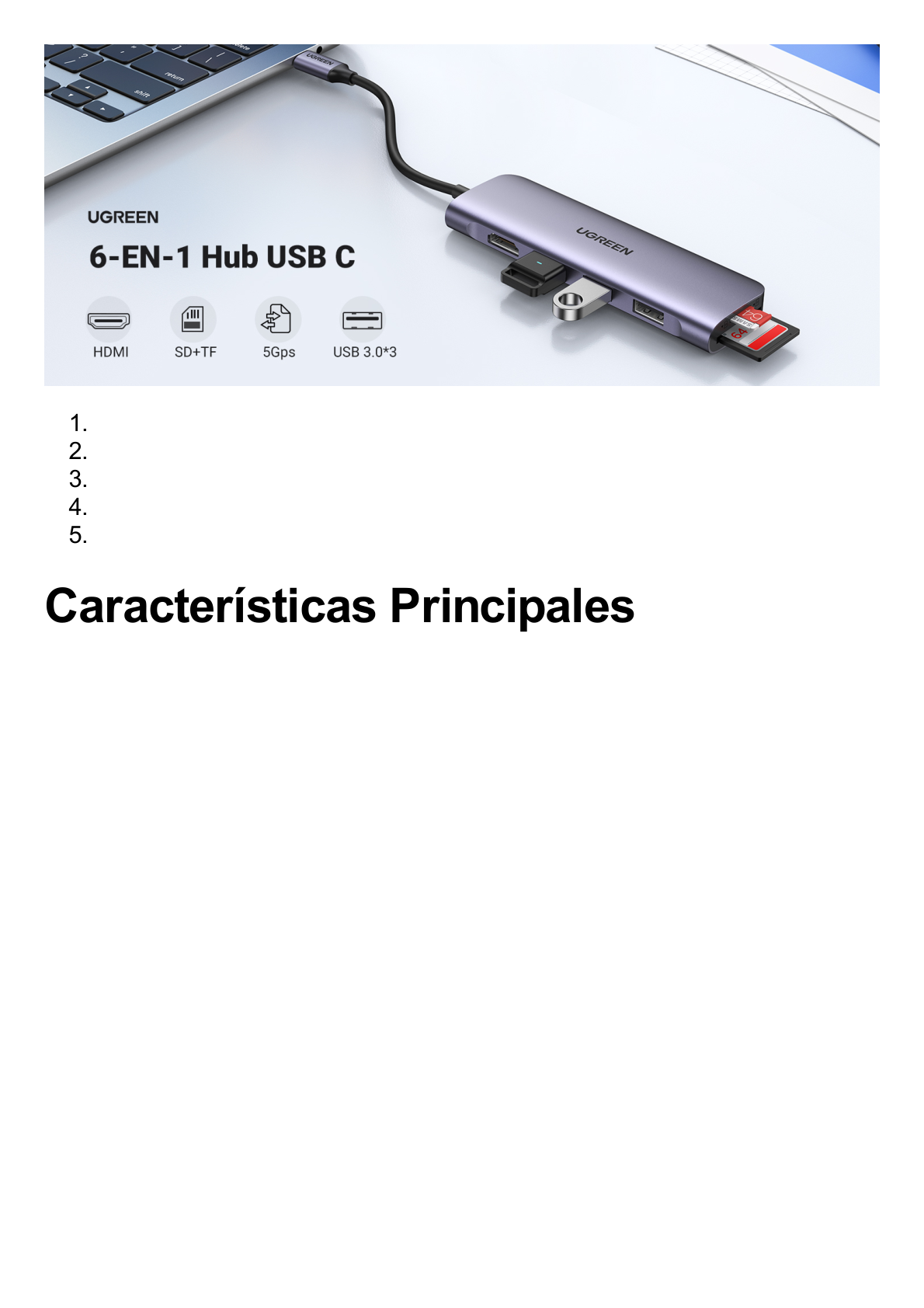 HUB USB-C Multipuertos / HDMI 4K@30Hz  / 3 Puertos USB-A 3.0 / Lector Tarjeta SD+TF (Uso Simultáneo) / 6 en 1 / Carcasa de Aluminio.