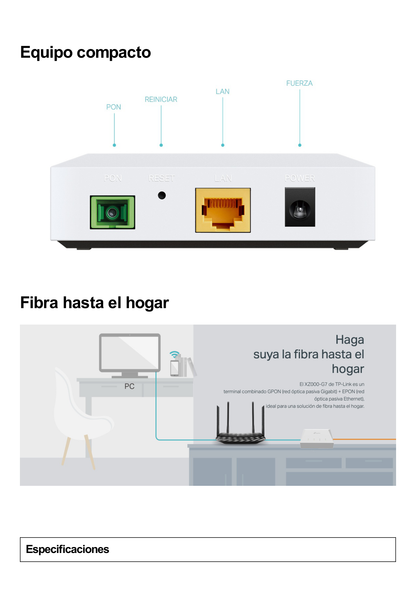 ONU/ONT - Unidad de Red Óptica XPON dual EPON/GPON / 1 Puerto RJ45 10/100/1000 Mbps / 1 puerto XPON Conector SC/APC / Equipo Bridge / Longitud de Onda Up: 1310 nm Dw: 1490 nm