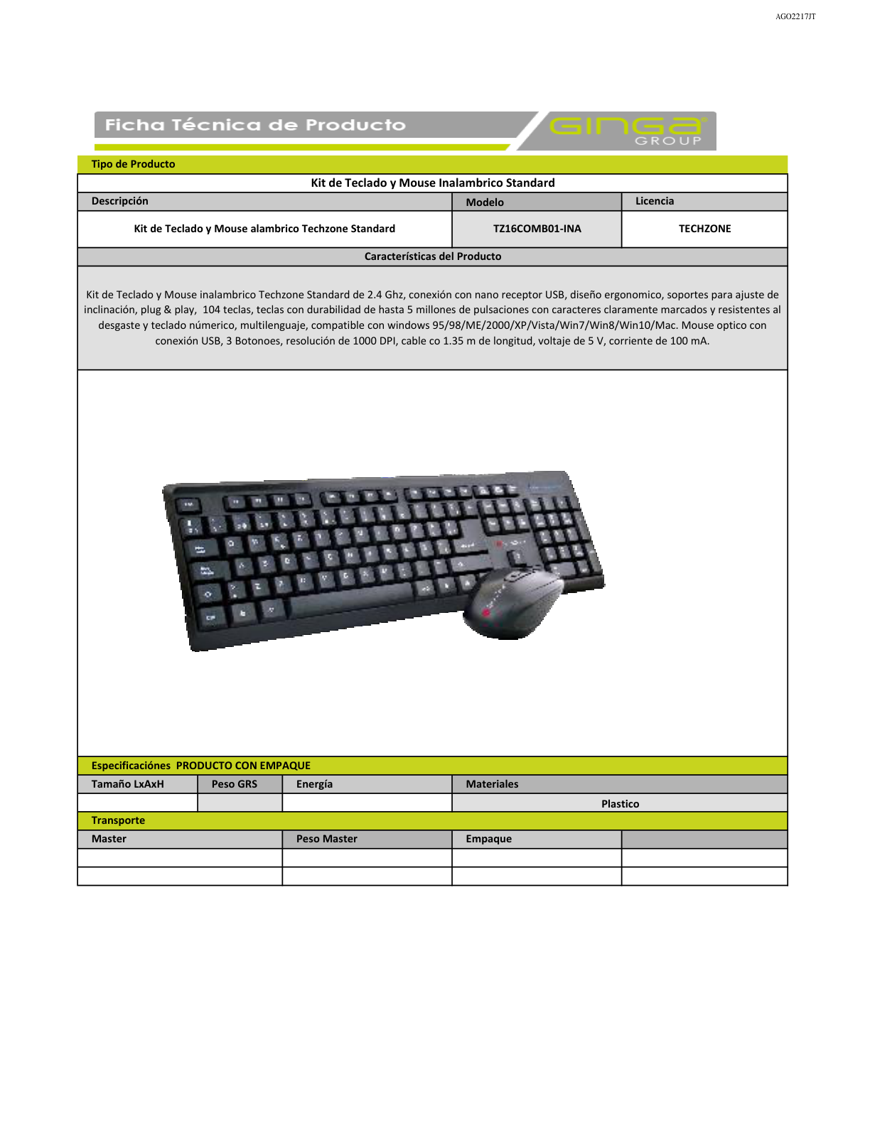 KIT TECLADO Y MOUSE INALAMBRICO TECHZONE ESTANDAR NANO USB