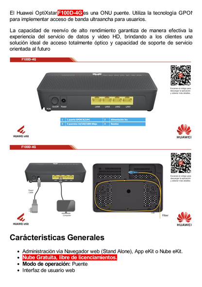 HUAWEI MiniFTTO - ONU Switch Gigabit / 4 puertos 10/100/1000Mbps + 1  PON (SC/UPC)/ Downstream 2.488 Gbps / Upstream 1.244 Gbps / modo puente / Administración Nube