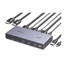 Conmutador KVM DisplayPort 8K | DP 1.4 | 2 Entradas 1 Salida | 4 Puertos USB 3.0 (3 USBA *1 USBC) | Soporta 8K@60Hz | HDR | Control de Escritorio | Carcasa de Aluminio | Indicador Led | Compatible Win, MacOs y Linux.