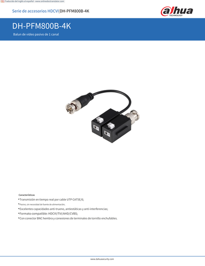 Transceptores Dahua DH-PFM800B-4K  pasivos 4 k resolucion de hasta 8 mp distancia hasta 200 m