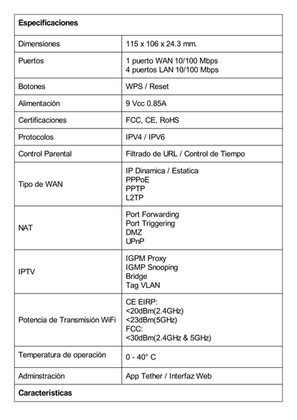 Router Inalámbrico doble banda AC, 2.4 GHz y 5 GHz Hasta 1200 Mbps, 4 antenas externas omnidireccional, 4 Puertos LAN 10/100 Mbps, 1 Puerto WAN 10/100 Mbps, Versión 6