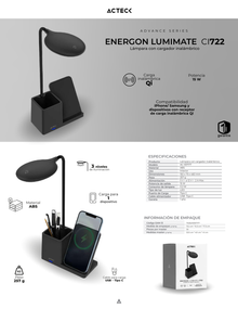 Cargador Acteck Inalambrico Energon Lumimate CI722 Lampara Led Carga Inalámbrica Portalápices Para Smartphones/Iphone Negro