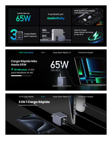 Cargador de 65W serie Nexode Pro | 3 Puertos de Carga Rápida | 2 USB-C | 1 USB-A | Tecnología GaNInfinity | PD3.1 de 65W / QC4.0 | Tecnología de Protección Térmica | Optimiza la Carga | Caja de Aluminio | Incluye Cable U