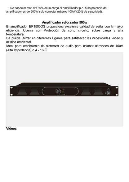 Amplificador de Audio Reforzador | 1 canal | 500w | Clase D | Salida 100V / 4-16Ω | Montaje en rack | RCA