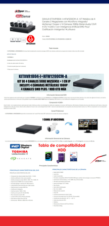 Kit Dahua DH-KIT/XVR1B04-I/4-HFW1200CMN-A-0280B-S5 dvr 4 canales 2 mpx dvr cooper-i wizsense y 4 camaras metalicas con microfono integrado