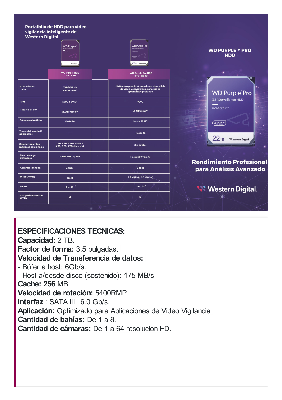 Disco Duro PURPLE de 2TB / 3 AÑOS DE GARANTÍA / Para Videovigilancia