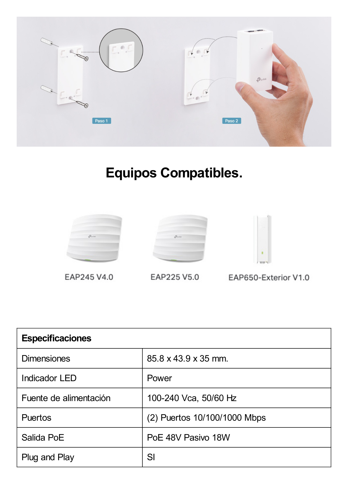 Inyector PoE Pasivo de 48V (18 Watts) / 2 puerto 10/100/1000 Mbps / Plug and Play / Montaje en Pared