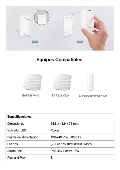 Inyector PoE Pasivo de 48V (18 Watts) / 2 puerto 10/100/1000 Mbps / Plug and Play / Montaje en Pared