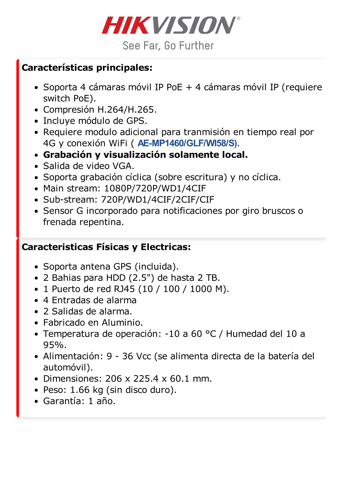 NVR Móvil de 8 Canales de 2 Megapixel / 4 Puertos PoE / 2 Bahías de Disco Duro / Incluye Modulo GPS / conector RJ45