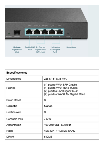 Router Omada VPN / SDN Multi-WAN Gigabit / 1 Puerto WAN SFP Gigabit / 1 Puerto WAN RJ45 Gigabit / 2 Puertos LAN RJ45 Gigabit / 2 Puertos Configurables LAN/WAN / 150,000 Sesiones Concurrentes / Administración Centralizada Omada o Stand-Alone