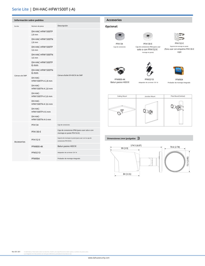 Camara Dahua DH-HAC-HFW1500TN-0280B bullet 5 mpx lente 2.8mm IR 30 m metalica 111 gds apertura IP67