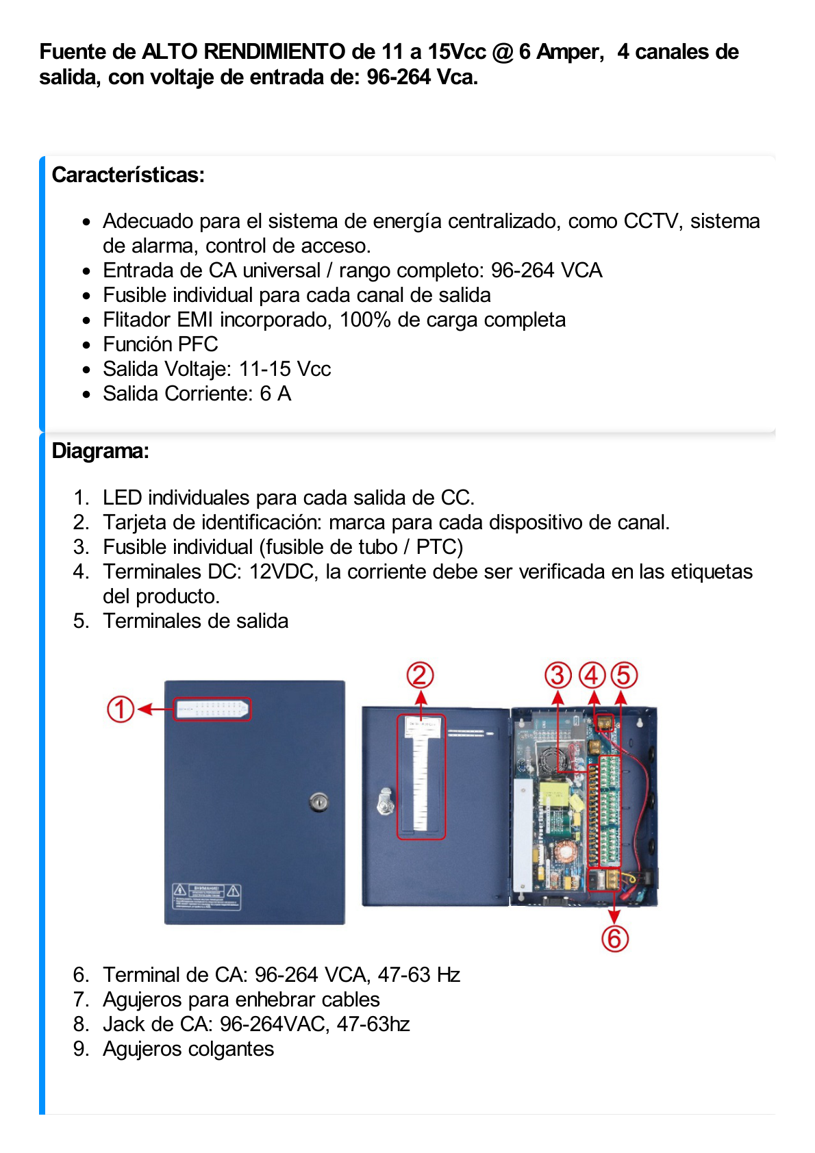 Fuente de Alimentación ALTO RENDIMIENTO de 11 - 15 Vcc @ 6 Amper / 4 Canales de Salida / Voltaje de Entrada de 96-264 Vca