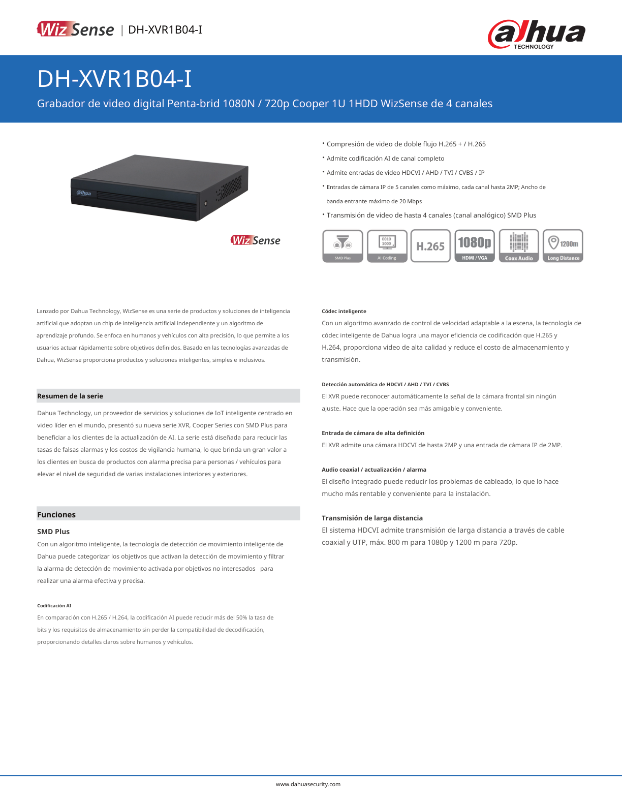 DVR Dahua DH-XVR1B04-I 4 canales 1080p lite  wizsense +4 canales +1 ip o hasta 5 canales ip4 busqueda inteligente (humanos y vehiculos 1 puerto sata