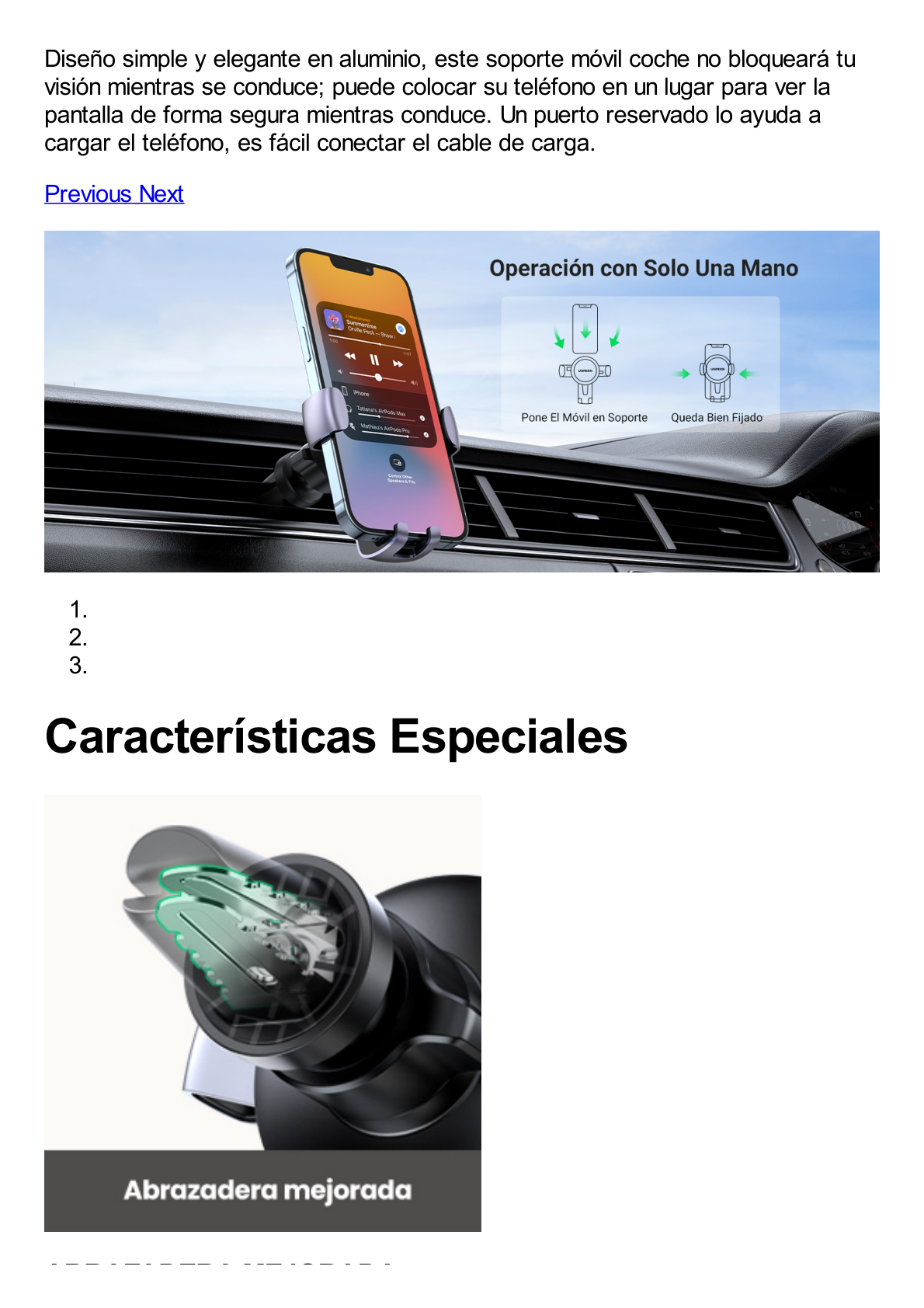 Soporte de Celular para Automóvil en Rendija de Ventilación / Sistema de Gravedad / Rotacion de 360° /Angulo Multiple / Almohadillas de Goma Antideslizantes / Amplia Compatibilidad con dispositivos de 4'' a 7'' / Color Negro