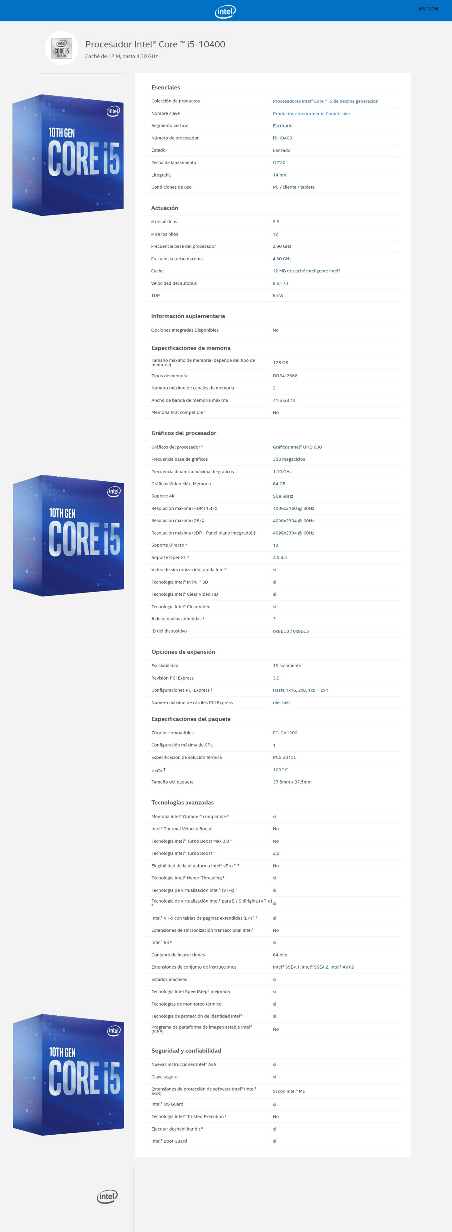 CPU INTEL CORE I5-10400 LGA 1200 10MA GEN S-12 CACHE 12M HASTA 4.30 GHZ 6 NUCLEOS BX8070110400