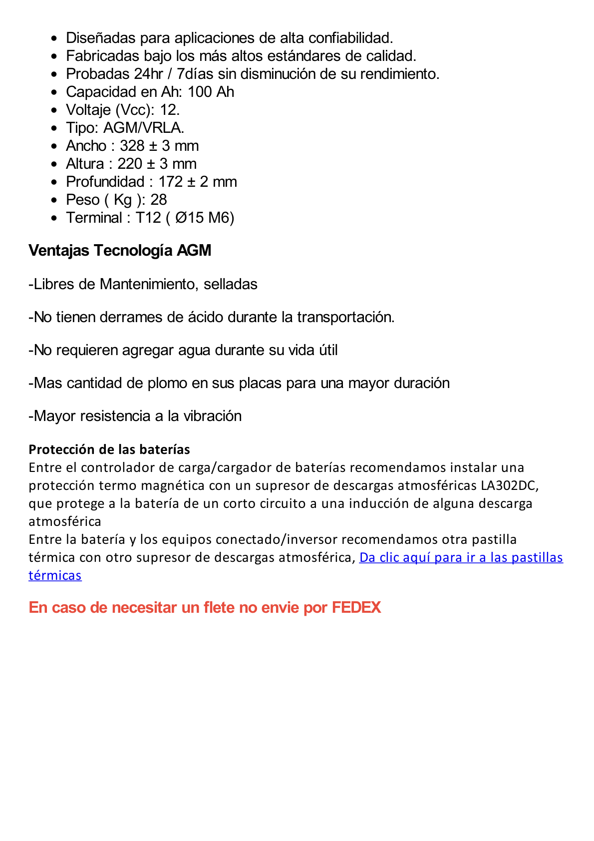 Batería 12V @ 100 Ah / AGM-VRLA / Uso Aplicacion de Respaldo /Terminales Tipo T12 ( HEX )