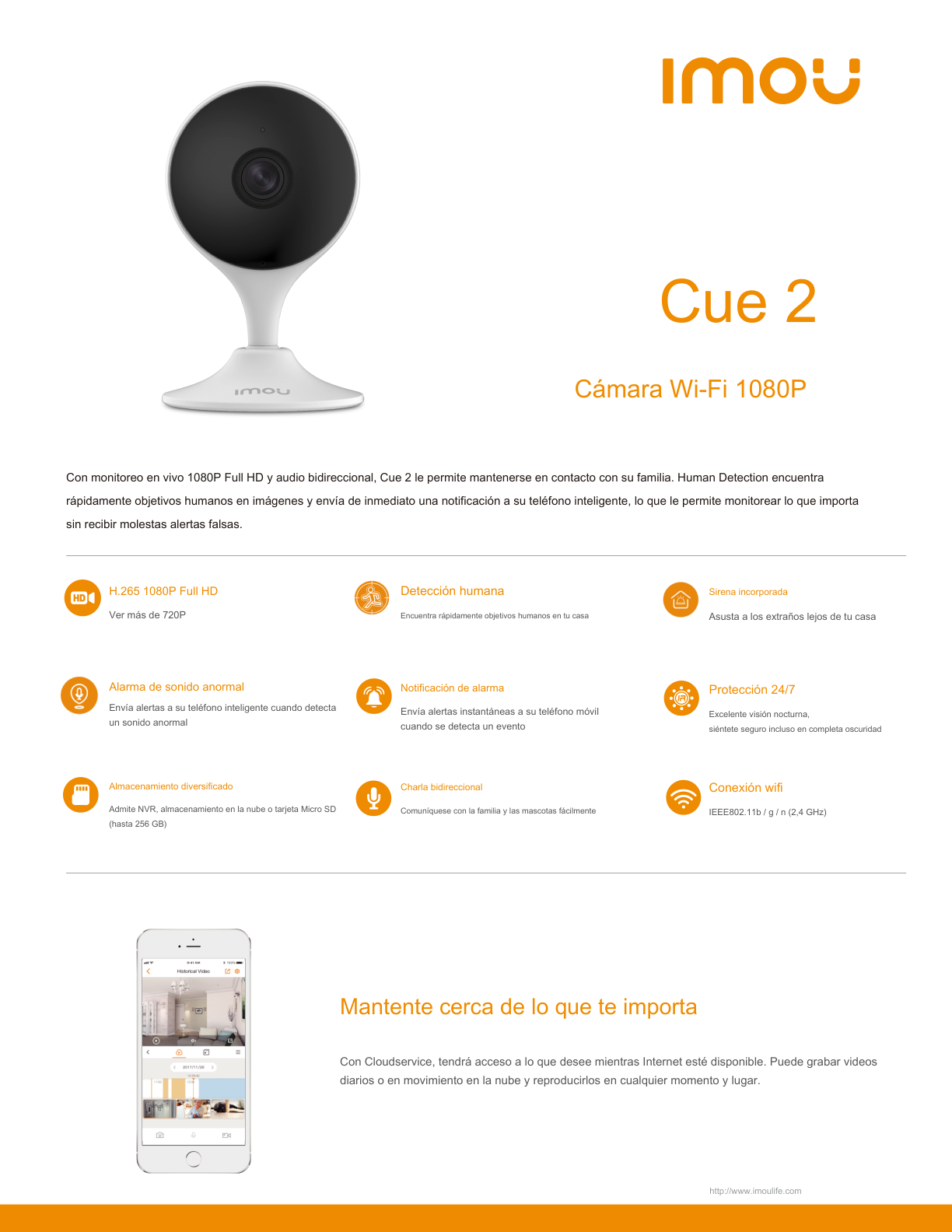 Cámara Imou IP Cue2 WiFi 2 MPX Lente 2.8mm IR 10 Mts Interior IPC-A26HIN-IMOU c/Audio y Sirena/ Detección de Humanos