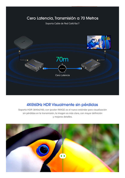 Kit Extensor HDMI para distancias de 70 metros / Resolución 4K x 2K@ 60 Hz/ Cat 6, 6a y 7 / IPCOLOR / CERO LATENCIA / SIN COMPRIMIR / Salida Loop / Control IR  / Salida de audio de 3.5mm / PoC