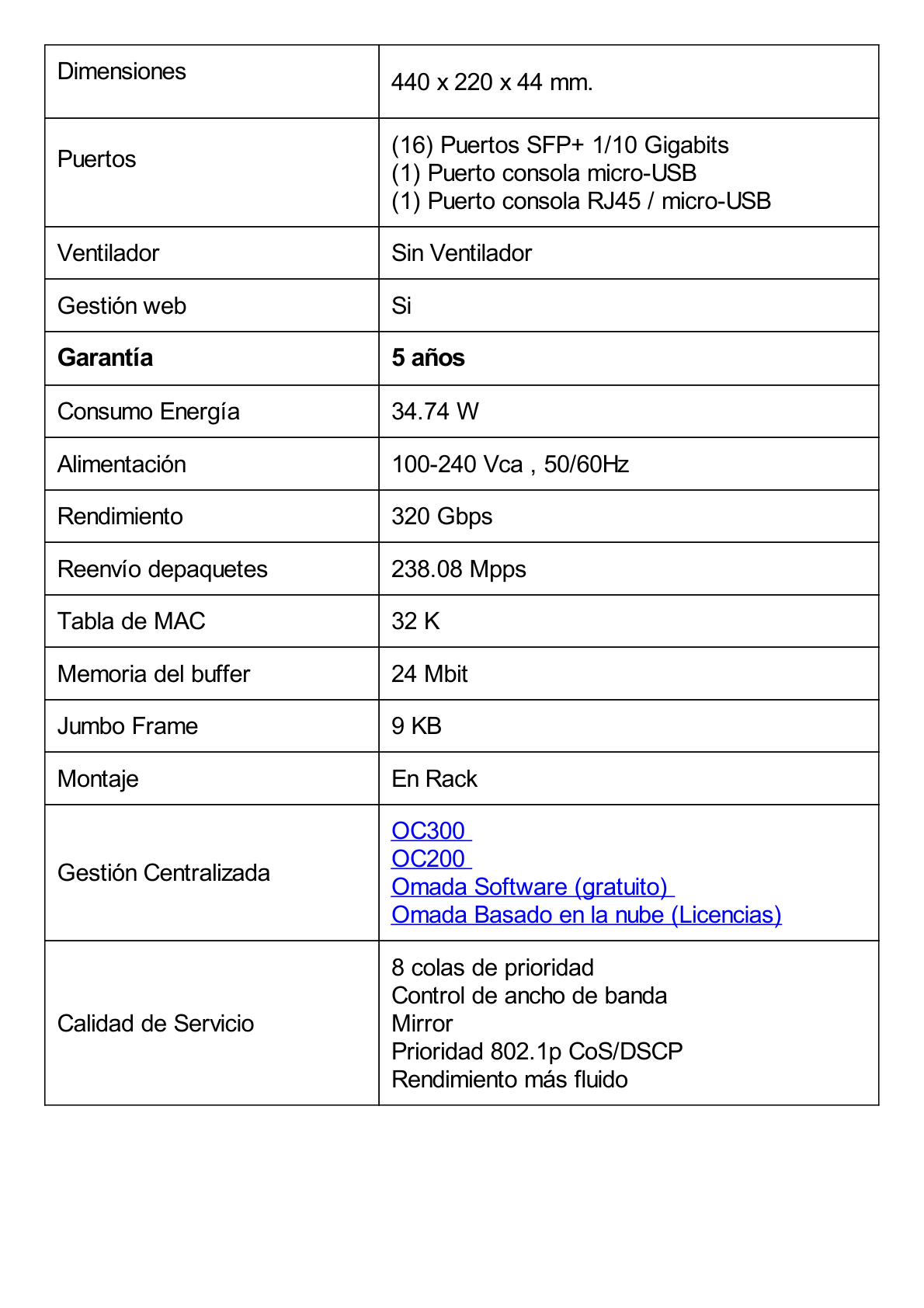 Switch Fibra Óptica L2+ Omada / 16 Puertos SFP+ 10G / 2 Puertos Consola (RJ45 y micro-USB) / Administración Centralizada Omada o Stand-Alone / Multicast IGMP / Calidad de Servicio / Montaje en Rack / Silencioso (sin ventiladores)