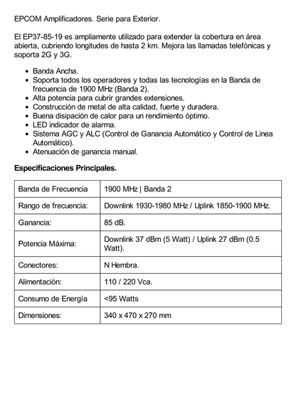 Amplificador para ampliar cobertura Celular en Exterior | 1900 MHz, Banda 2 | Soporta 2G y 3G, Mejora las llamadas, 85 dB de Ganancia, 5 Watt de potencia Máxima, hasta 2 km de cobertura.