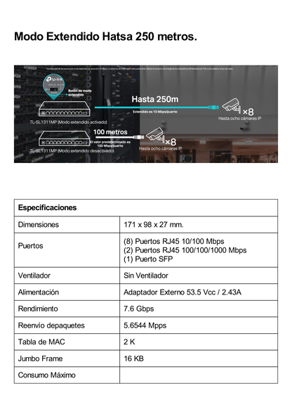 Switch PoE+ No Administrable De Escritorio 11 Puertos / 8 puertos 10/100 Mbps PoE af/at Inteligiente / Presupuesto 124 W / Hasta 250 metros