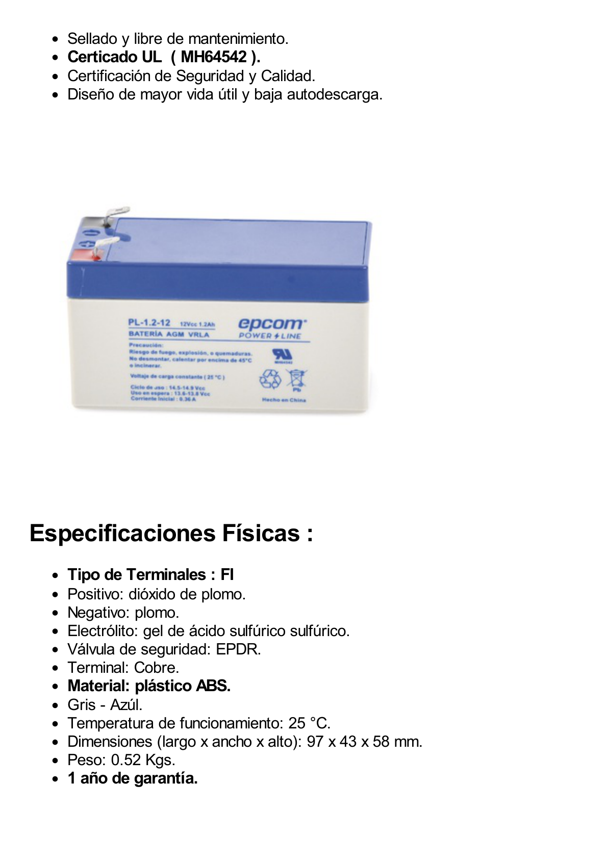 Batería 12 Vcc / 1.2 Ah / UL / Tecnología AGM-VRLA / Para uso en equipo electrónico Alarmas de intrusión / Incendio/ Control de acceso / Video Vigilancia / Terminales F1 / Cargador recomendado CHR-80.