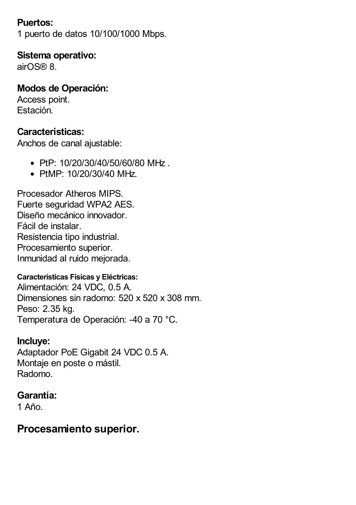 PowerBeam airMAX AC hasta 450 Mbps, frecuencia 5 GHz (5150 - 5875 MHz) con antena tipo plato de 27 dBi, radomo incluido