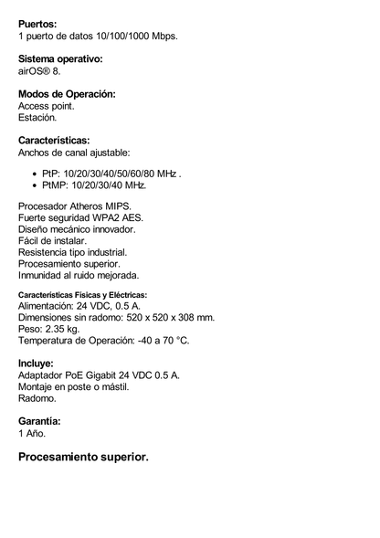 PowerBeam airMAX AC hasta 450 Mbps, frecuencia 5 GHz (5150 - 5875 MHz) con antena tipo plato de 27 dBi, radomo incluido