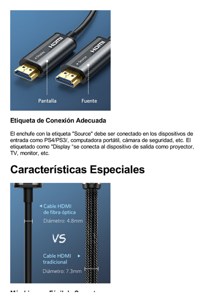 Cable HDMI de 30 Metros por Fibra Óptica 4K@60Hz | Fibra de 4 núcleos + Cobre estañado de 7 núcleos | Compatible con HDMI 2.0 | Alta velocidad 18 Gbps | 3D | HDR | Carcasa de  Zinc | Premium | 2 Años de Garantía.