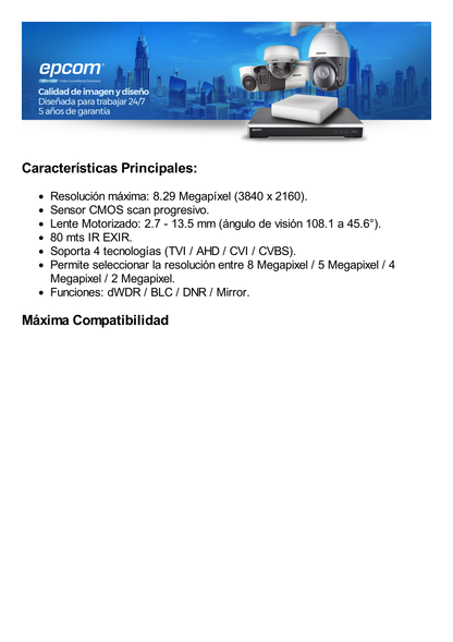 Bullet TURBOHD 4K (8Megapixeles) / Lente Mot. 2.7 a 13.5 mm / Potente IR EXIR de 80 mts / Exterior IP67 / 12 Vcc - 24 VCA / dWDR