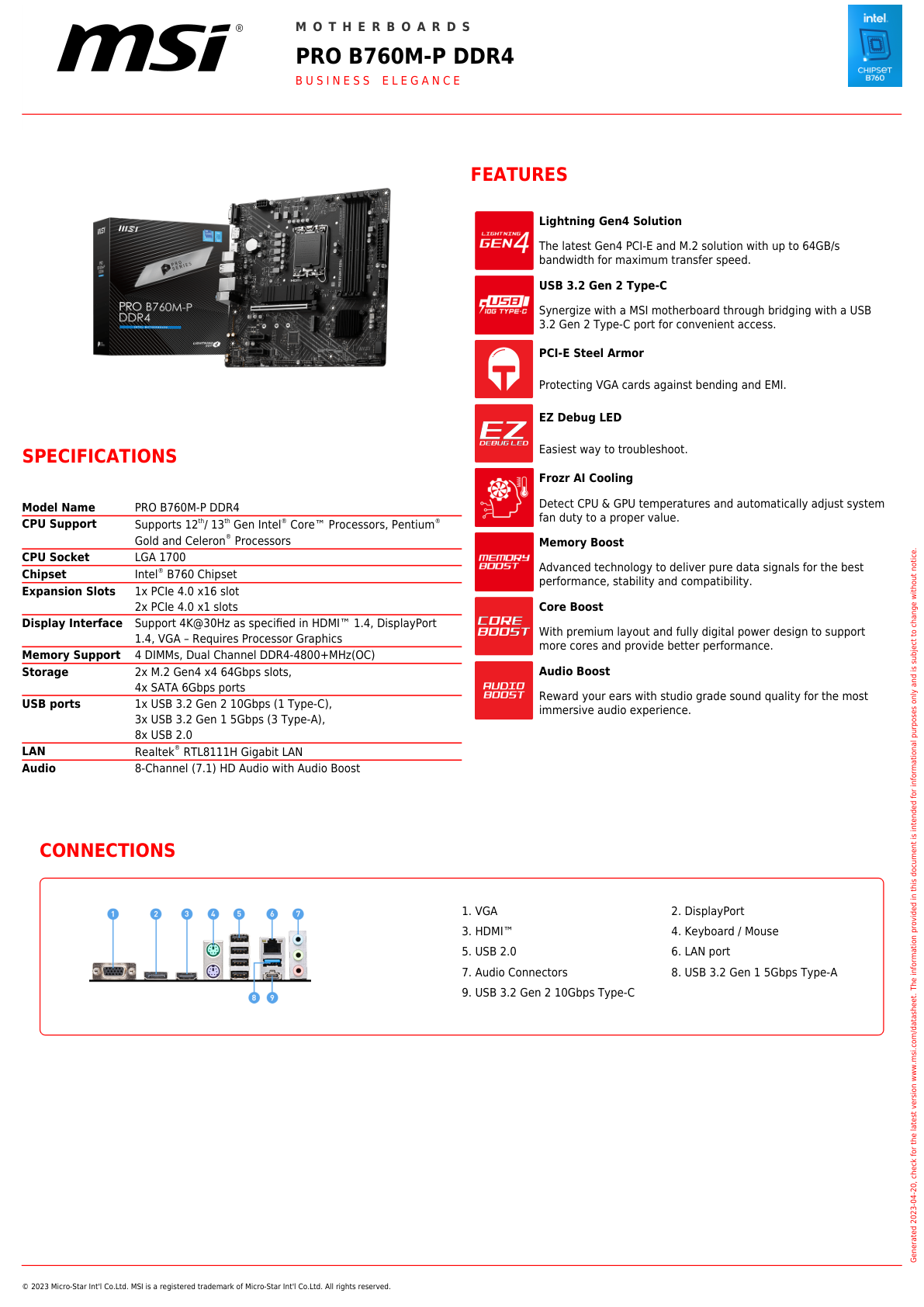 Tarjeta madre MSI PRO B760M-P DDR4 socket 1700 13a Gen 4xDDR4