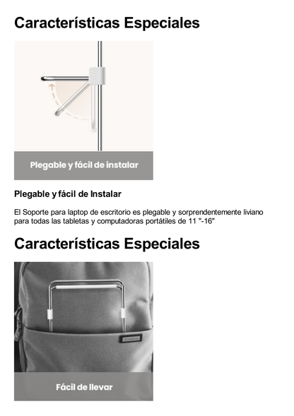 Soporte para Laptop / Plegable / Ajustable de 87 a 131 mm / Amplia compatibilidad 11''-16'' / Capacidad de carga 20 KG / Antideslizante /  Ultra Ligero / Metal / ABS / Silicona / Color Plata