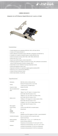 Adaptador X-Media XM-NA4810 PCI Express 1 puerto RJ45 hasta 2.5Gbps chipset Realtek RTL8125B LED indicador enlace