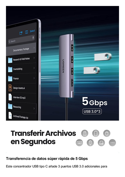 HUB USB-C Multipuertos / HDMI 4K@30Hz  / 3 Puertos USB-A 3.0 / Lector Tarjeta SD+TF (Uso Simultáneo) / 6 en 1 / Carcasa de Aluminio.