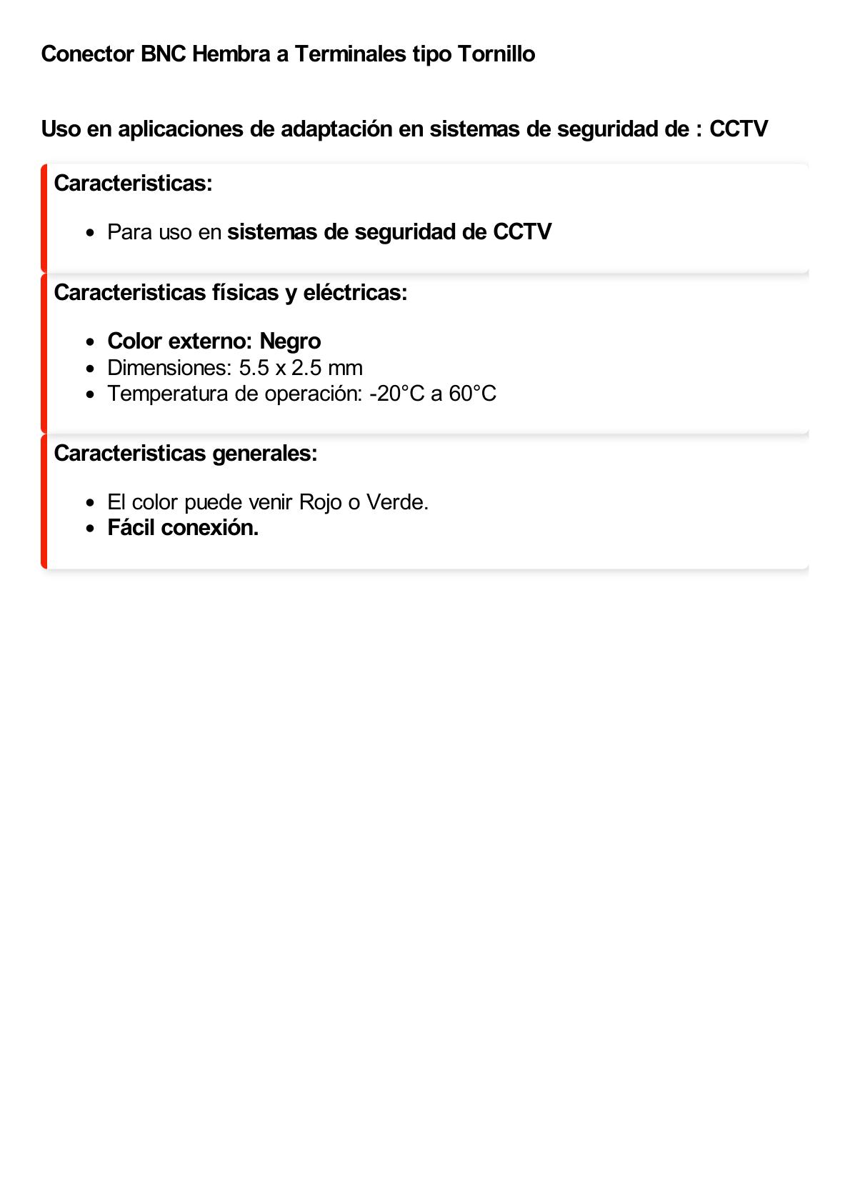 Conector BNC Hembra a terminales tipo Tornillo