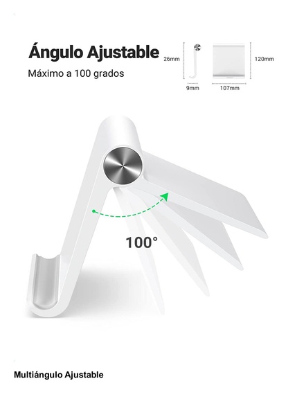 Soporte de Escritorio para Tablet /  Ajustable de 0° a 100° / Goma Antiarañazos / Antideslizante / Amplia Compatibilidad con dispositivos de 4'' a 13'' / Plegable / ABS / Color Blanco