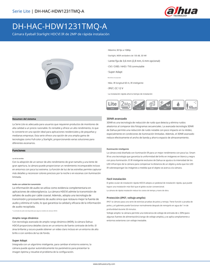 Camara Dahua DH-HAC-HDW1231TMQN-A domo 1080p lente 2.8 mm IR 60 m plastico  microfono 107 gds apertura IP67