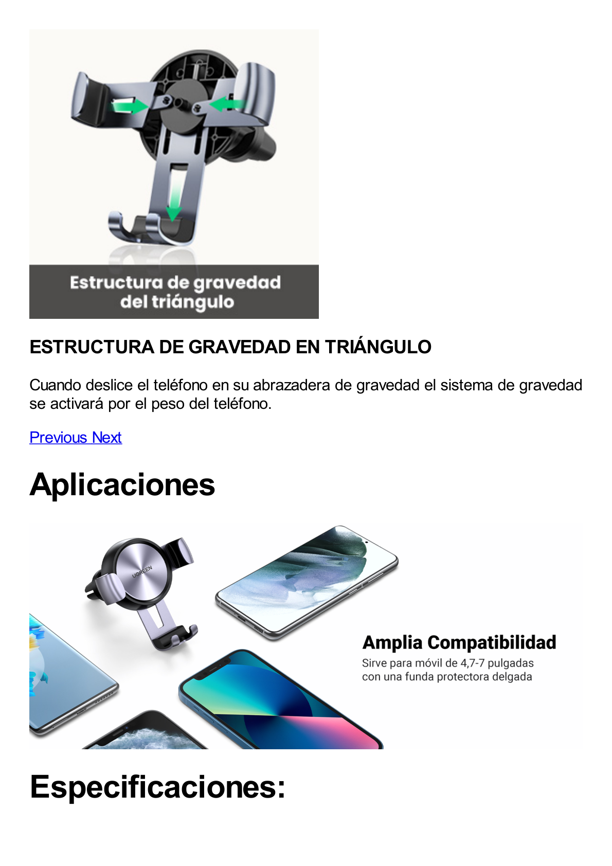 Soporte de Celular para Automóvil en Rendija de Ventilación / Sistema de Gravedad / Rotacion de 360° /Angulo Multiple / Almohadillas de Goma Antideslizantes / Amplia Compatibilidad con dispositivos de 4'' a 7'' / Color Negro