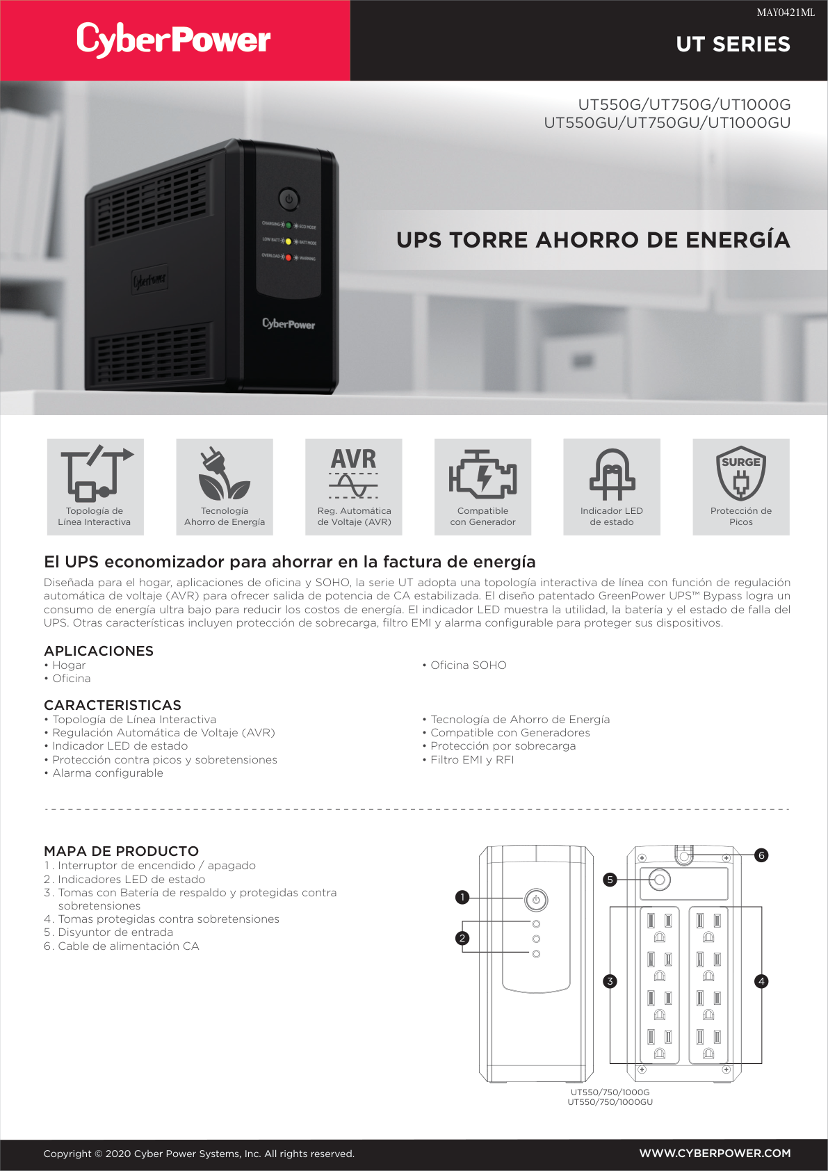 UPS línea interactiva CyberPower UT550GU 550VA/ 275W AVR 8 NEMA 5-15R (4 c/protección bat.) 1 puerto USB Tipo B Green Power