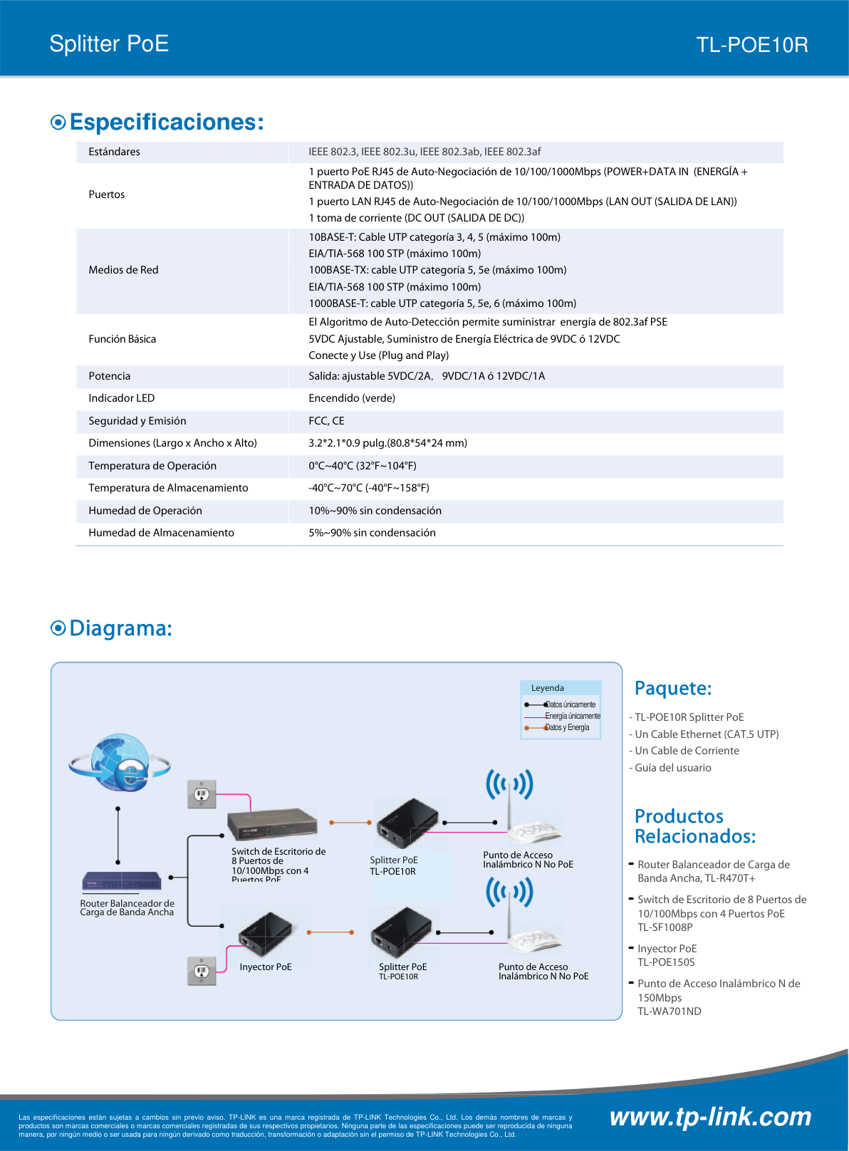 Splitter PoE TP-Link TL-POE10R 2 puertos RJ45 gigabit AUTO Negotiation/AUTO MDI/MDIX IEEE 802.3af plug and play